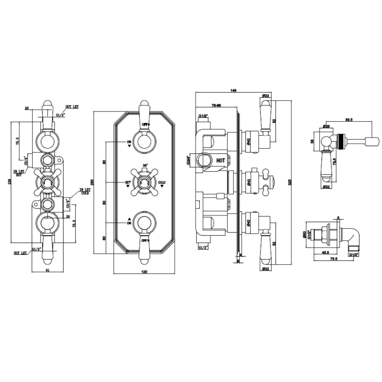 Brushed Brass Dual Outlet Wall Mounted Thermostatic Mixer Shower Set with Hand Shower - Cambridge