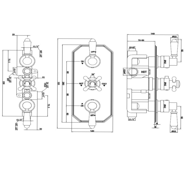 Black Traditional 2 Outlet Concealed Thermostatic Concealed Shower Valve with Triple Control - Cambridge