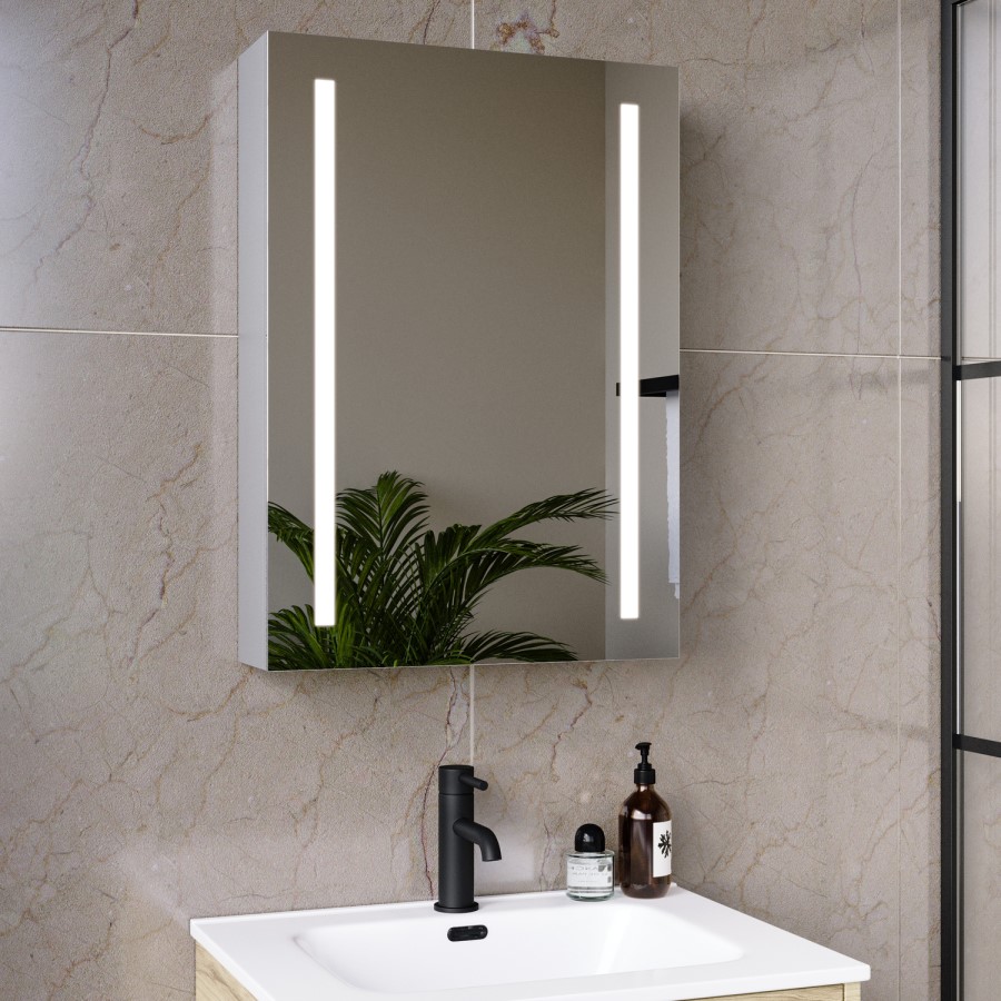 Single Door Chrome Mirrored Bathroom Cabinet with Battery Operated Lights 500 x 700mm - Capricorn