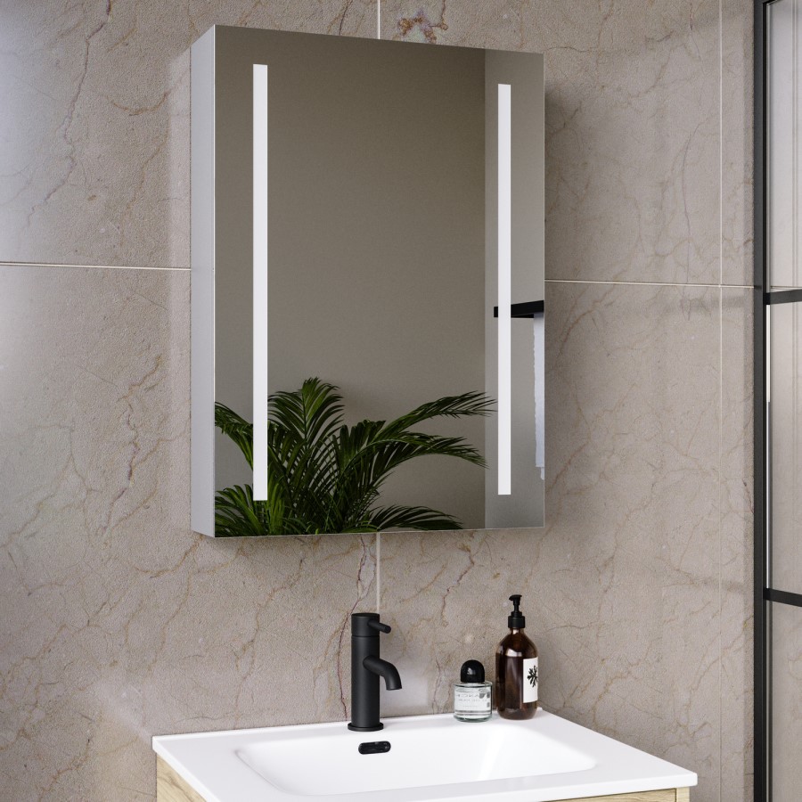 Single Door Chrome Mirrored Bathroom Cabinet with Battery Operated Lights 500 x 700mm - Capricorn