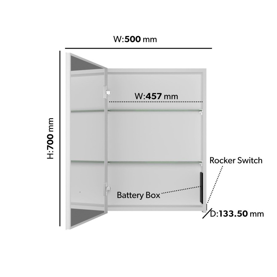 Single Door Chrome Mirrored Bathroom Cabinet with Battery Operated Lights 500 x 700mm - Capricorn
