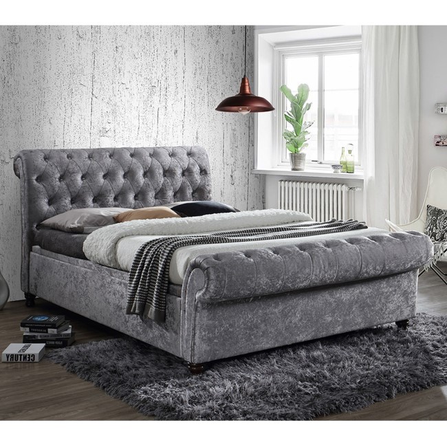 Birlea Castello Side Ottoman Kingsize Bed Upholstered in Steel Crushed Velvet