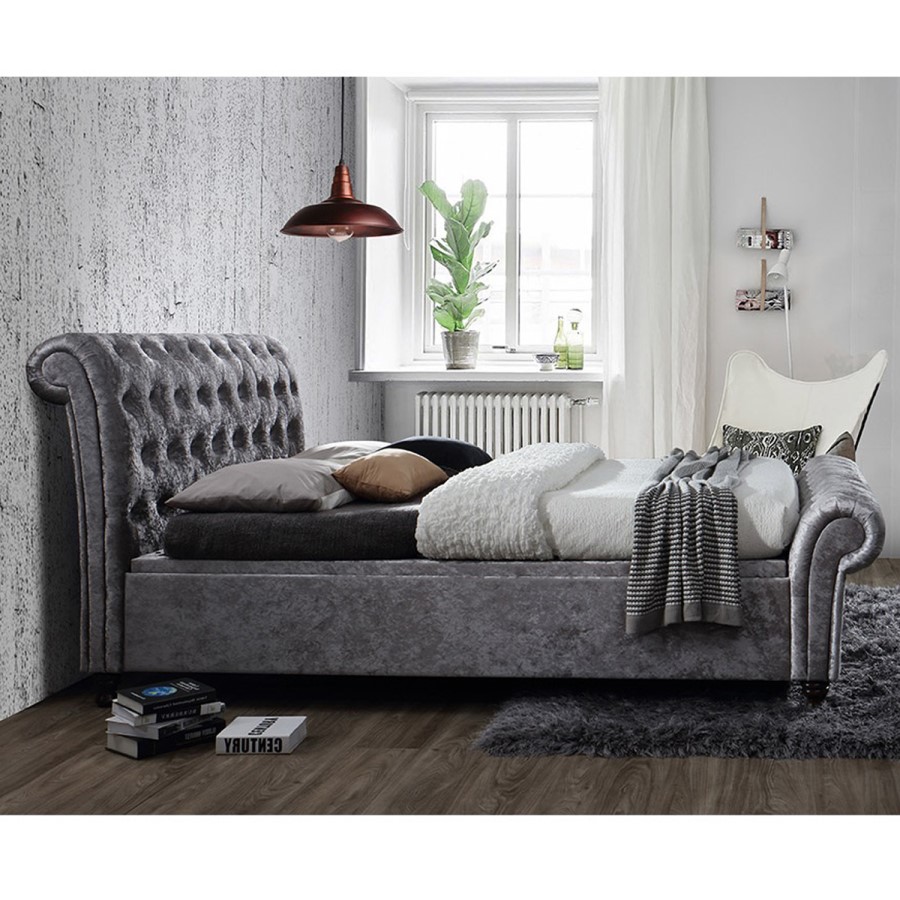 Birlea Castello Side Ottoman Kingsize Bed Upholstered in Steel Crushed Velvet