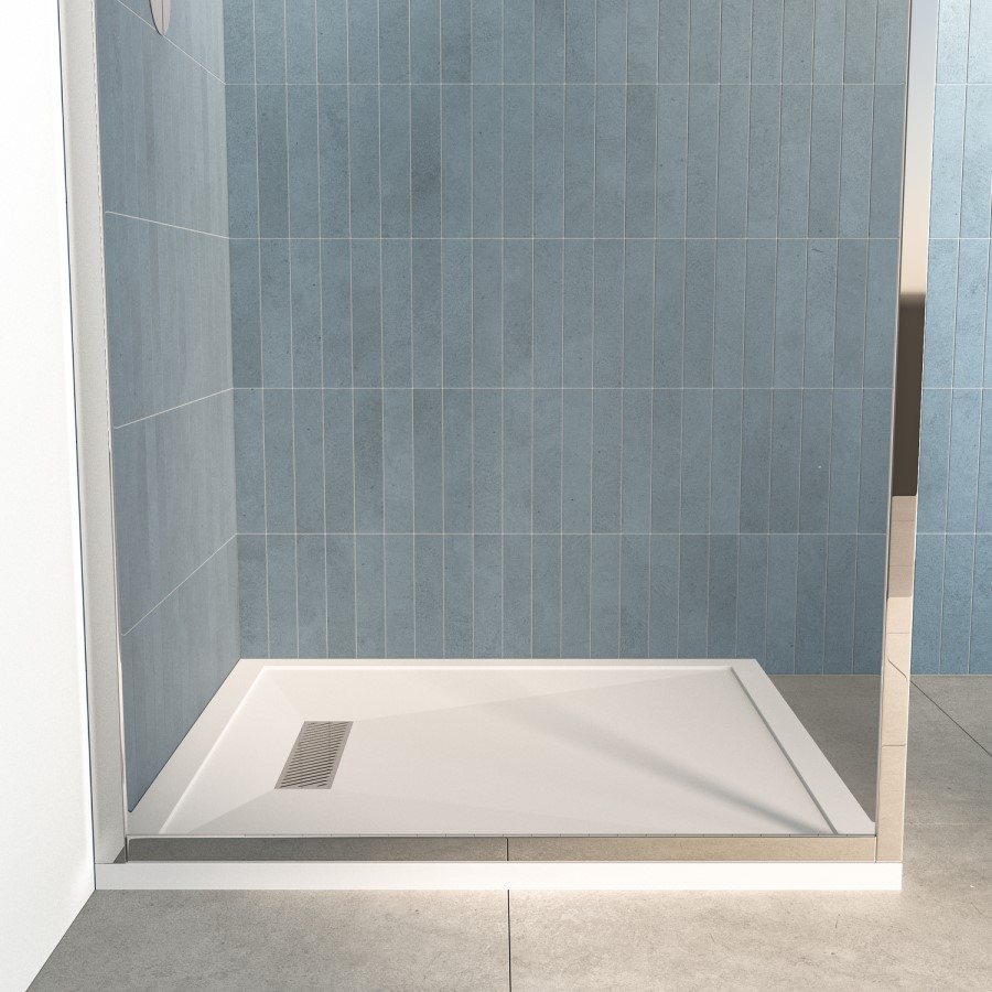900x900mm Square Low-Profile Shower Tray 25mm with Linear Waste - White Stone Resin - Cascade