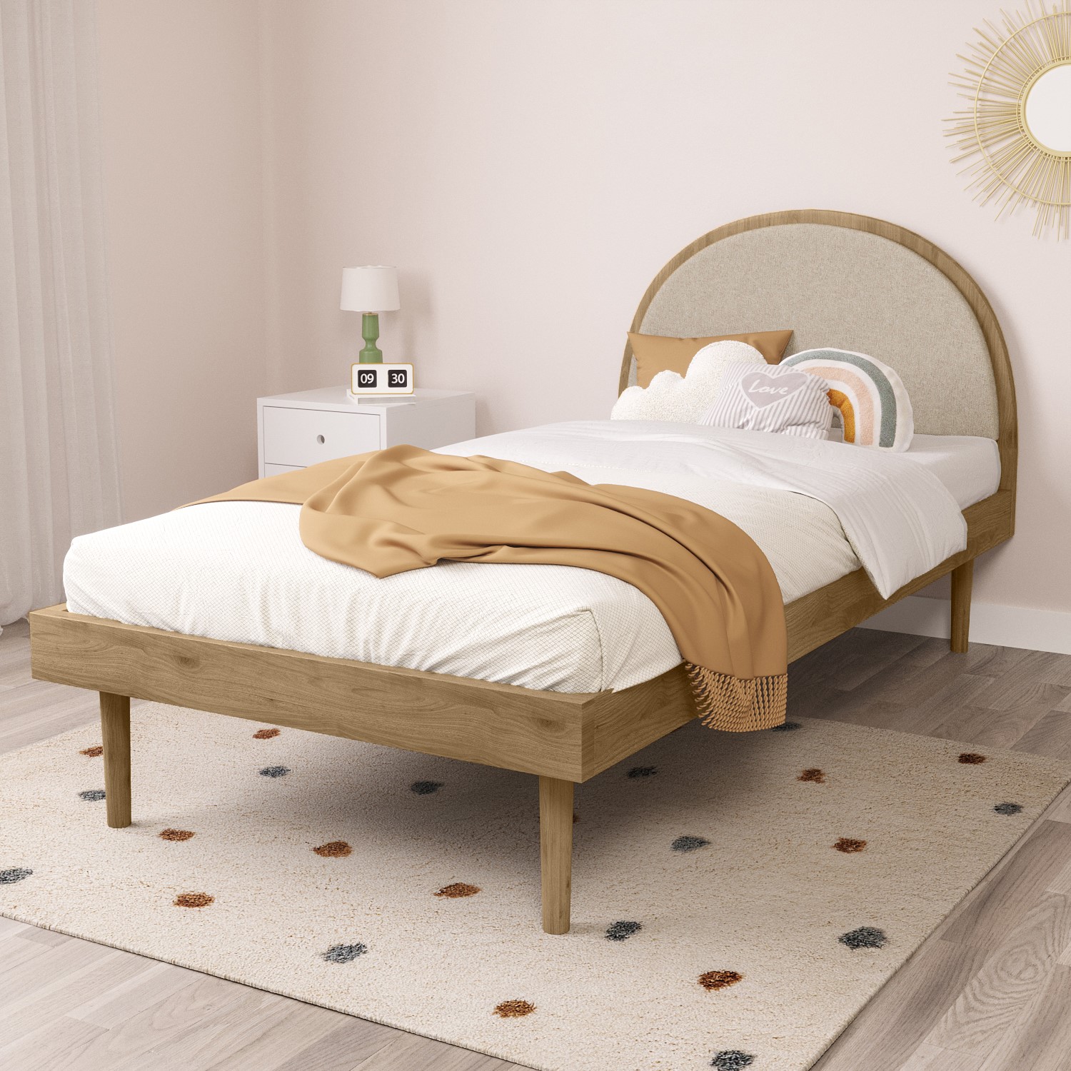 Photo of Single wooden bed frame with beige linen headboard - cara