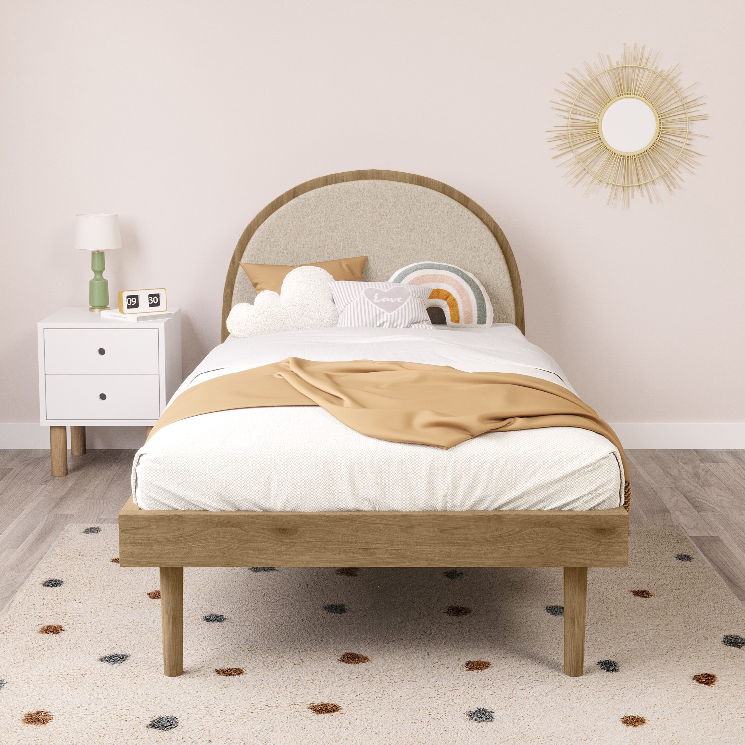 Read more about Single wooden bed frame with beige linen headboard cara