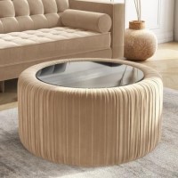 Round Beige Velvet Ottoman Storage Coffee Table - Clio
