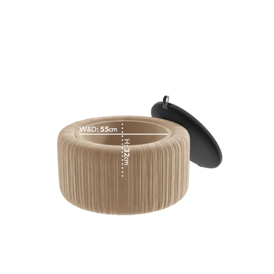 Round Beige Velvet Ottoman Storage Coffee Table - Clio