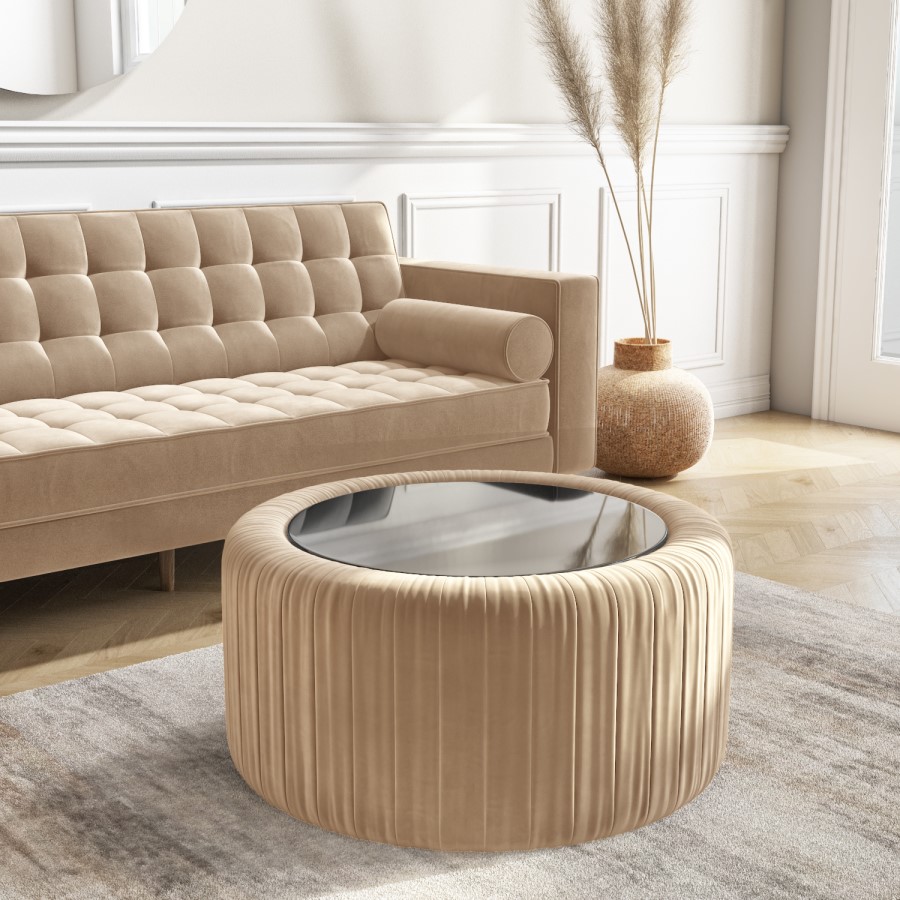 Round Beige Velvet Ottoman Storage Coffee Table - Clio