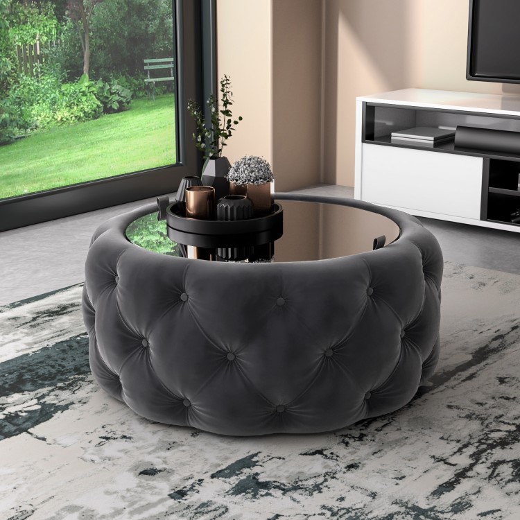 Dark Grey Velvet Ottoman Coffee Table with Button Detail - Clio