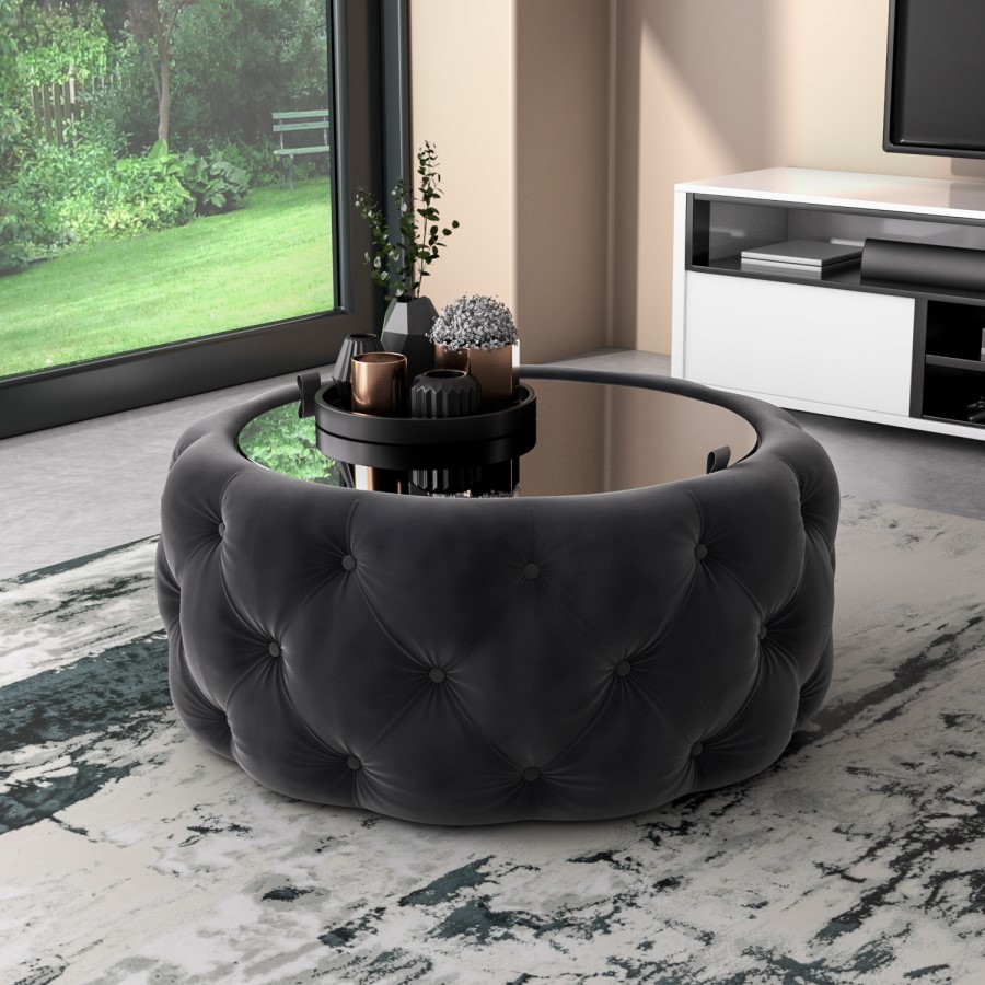 GRADE A1 - Dark Grey Velvet Buttoned Coffee Table with Ottoman Storage - Clio