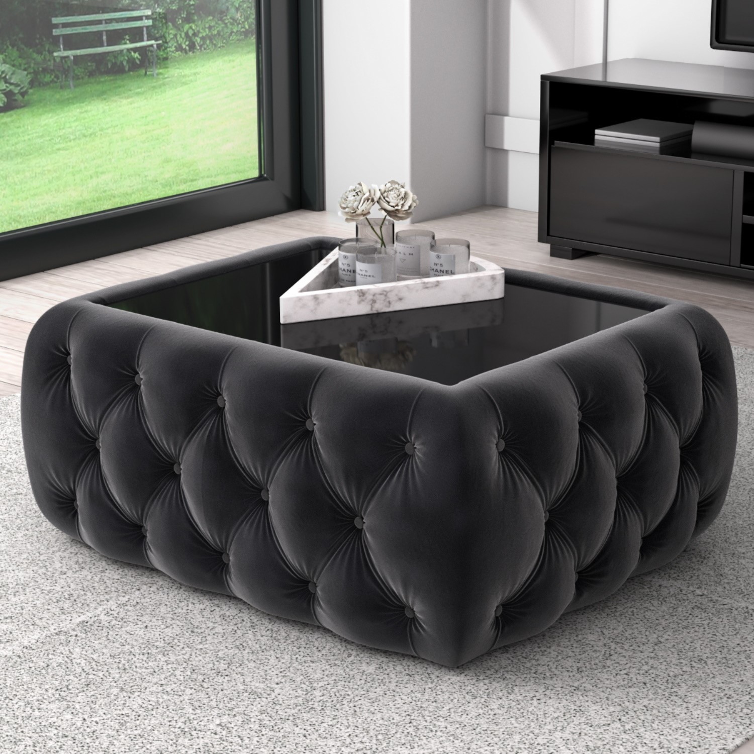 GRADE A2 Dark Grey Velvet Storage Coffee Table with Glass Top