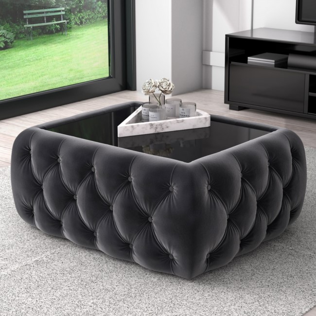 Dark Grey Velvet Storage Coffee Table with Glass Top - Buttoned - Clio