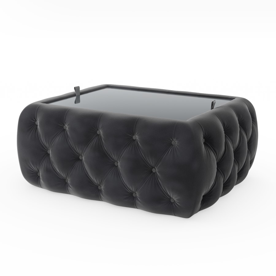 Dark Grey Velvet Storage Coffee Table with Glass Top - Buttoned - Clio