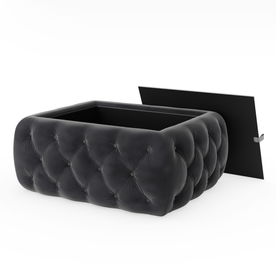 Dark Grey Velvet Storage Coffee Table with Glass Top - Buttoned - Clio