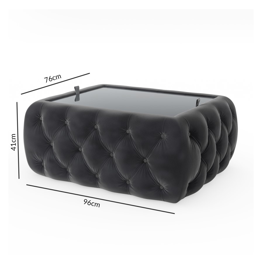 Dark Grey Velvet Storage Coffee Table with Glass Top - Buttoned - Clio