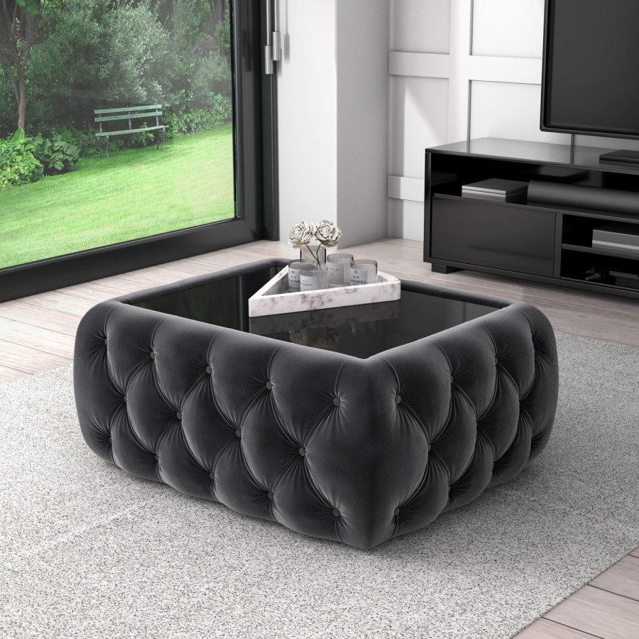 Dark Grey Velvet Storage Coffee Table with Glass Top - Buttoned - Clio