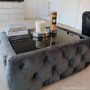 Dark Grey Velvet Storage Coffee Table with Glass Top - Buttoned - Clio