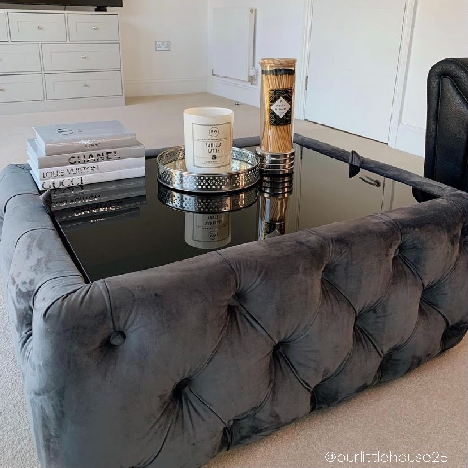 Dark Grey Velvet Storage Coffee Table with Glass Top - Buttoned - Clio ...