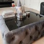 Dark Grey Velvet Storage Coffee Table with Glass Top - Buttoned - Clio
