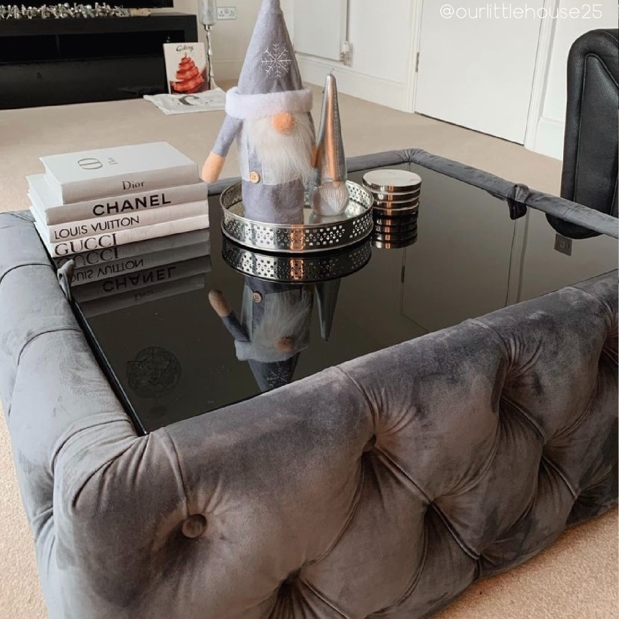 Dark Grey Velvet Storage Coffee Table with Glass Top - Buttoned - Clio