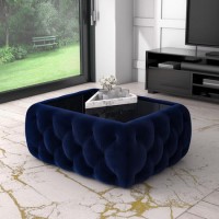 GRADE A1 - Navy Velvet Storage Coffee Table with Glass Top - Clio