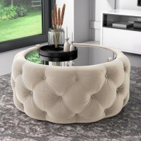 GRADE A1 - Cream Velvet Buttoned Coffee Table with Ottoman Storage - Clio GRADE A1 - Cream Velvet Buttoned Coffee Table with Ottoman Storage - Clio