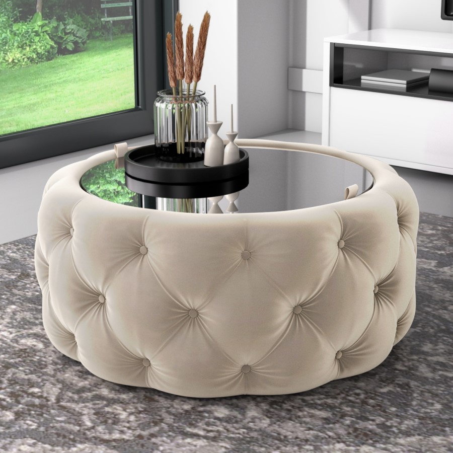 GRADE A1 - Cream Velvet Buttoned Coffee Table with Ottoman Storage - Clio