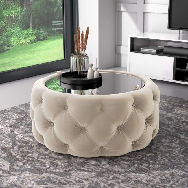 Cream Velvet Ottoman Coffee Table with Button Detail - Clio