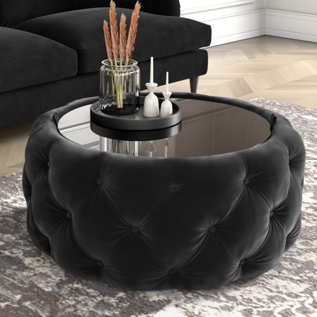 Small Round Black Velvet Ottoman Coffee Table with Glass Top - Clio