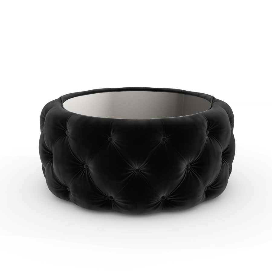 Small Round Black Velvet Ottoman Coffee Table with Glass Top - Clio