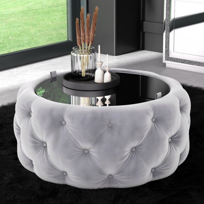 GRADE A1 Silver Grey Velvet Ottoman Coffee Table with Mirrored Top