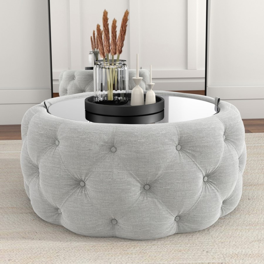 Round Grey Upholstered Ottoman Coffee Table - Clio