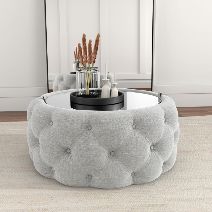 Round Grey Upholstered Ottoman Coffee Table - Clio
