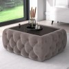 Small Taupe Velvet Ottoman Coffee Table with Glass Top - Clio