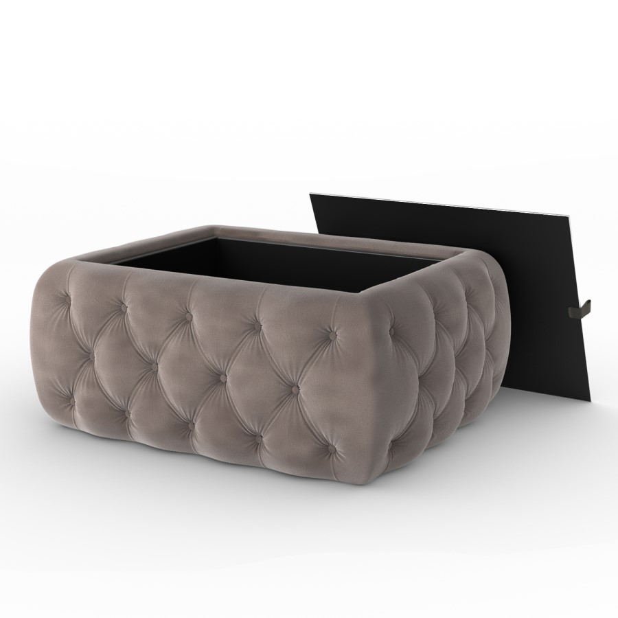 Small Taupe Velvet Ottoman Coffee Table with Glass Top - Clio