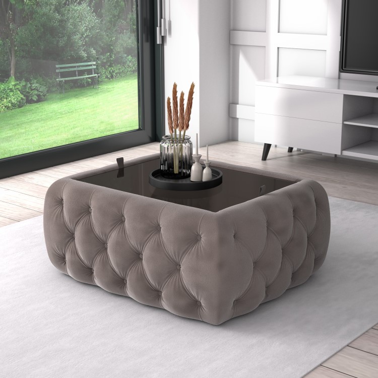 GRADE A2 - Small Taupe Velvet Ottoman Coffee Table with Glass Top - Clio