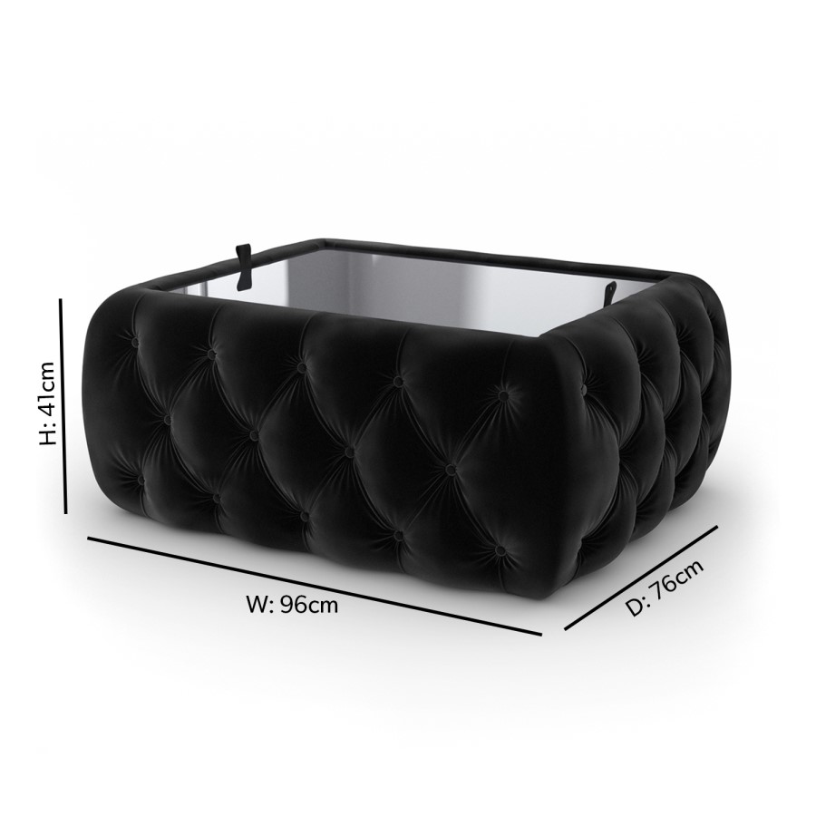 GRADE A1 - Black Velvet Storage Coffee Table with Glass Top - Buttoned - Clio