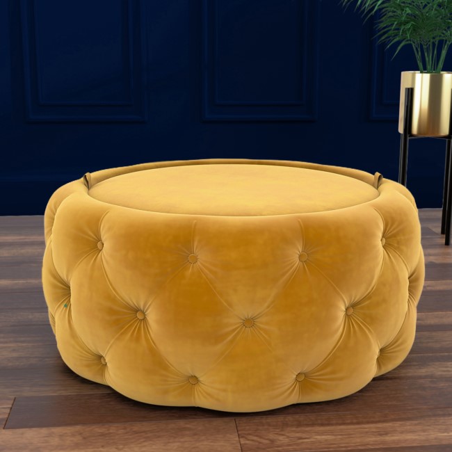 Large Round Mustard Velvet Ottoman Pouffe - Clio