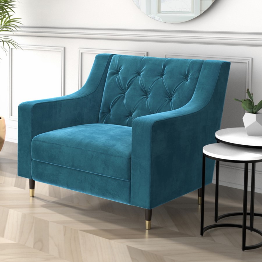 GRADE A2 - Blue Petrol Velvet Buttoned Armchair - Cole