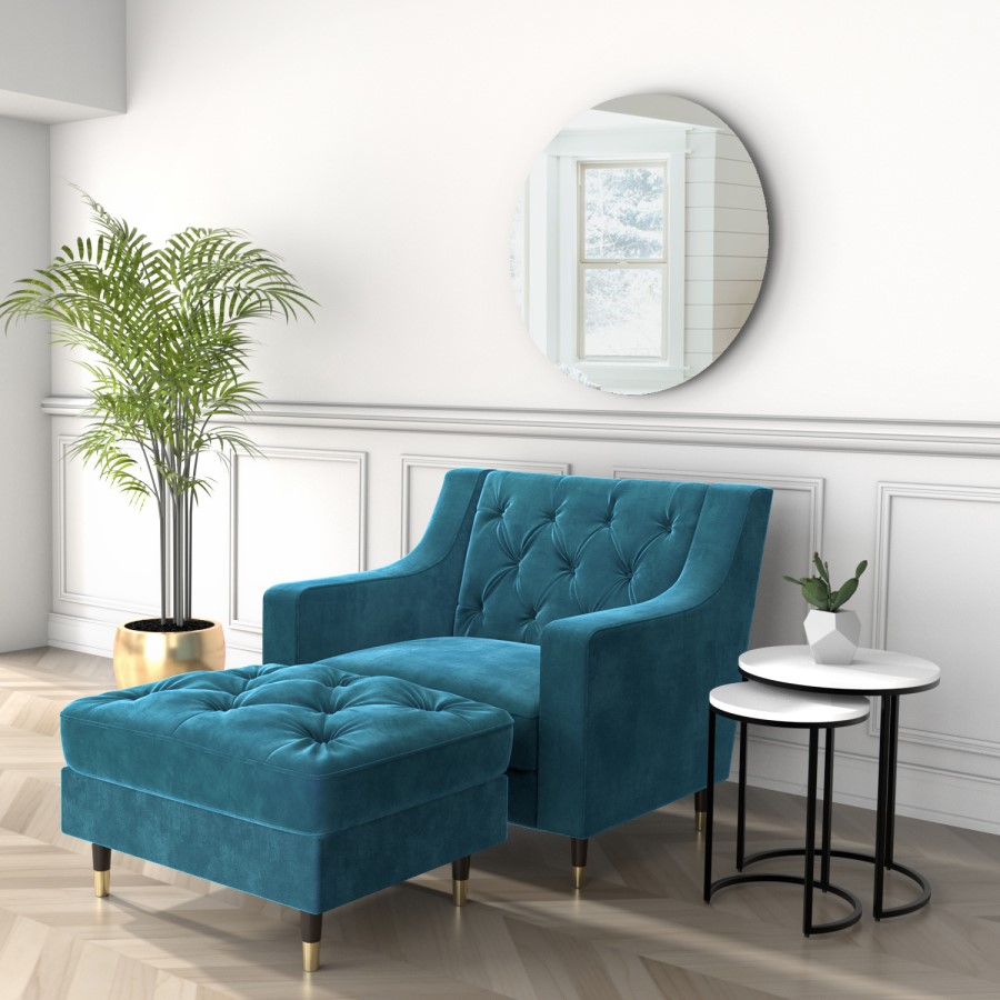 GRADE A2 - Blue Petrol Velvet Buttoned Armchair - Cole