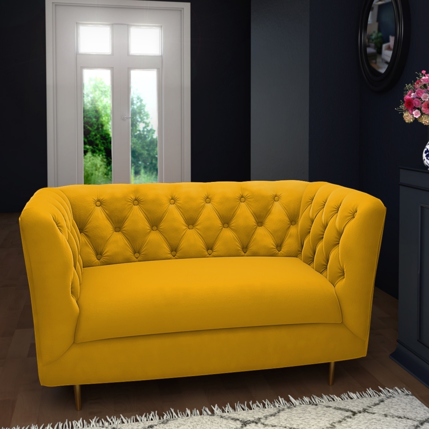 GRADE A2 Mustard Velvet Loveseat Armchair with Button Detail