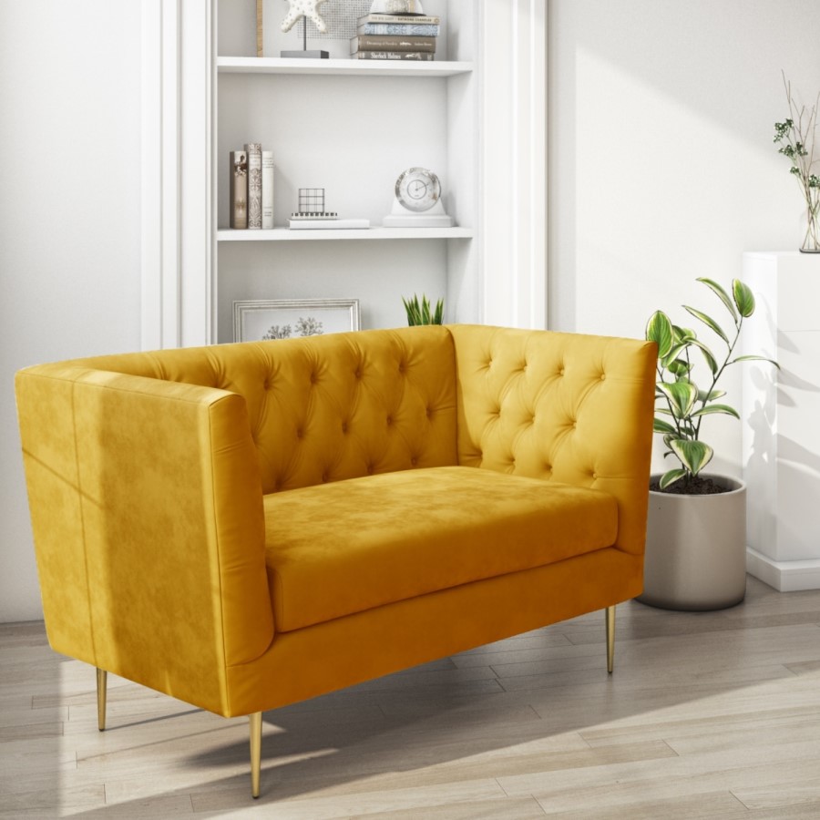 GRADE A1 - Mustard Velvet Loveseat Armchair with Button Detail - Celeste