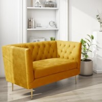GRADE A1 - Mustard Velvet Loveseat Armchair with Button Detail - Celeste