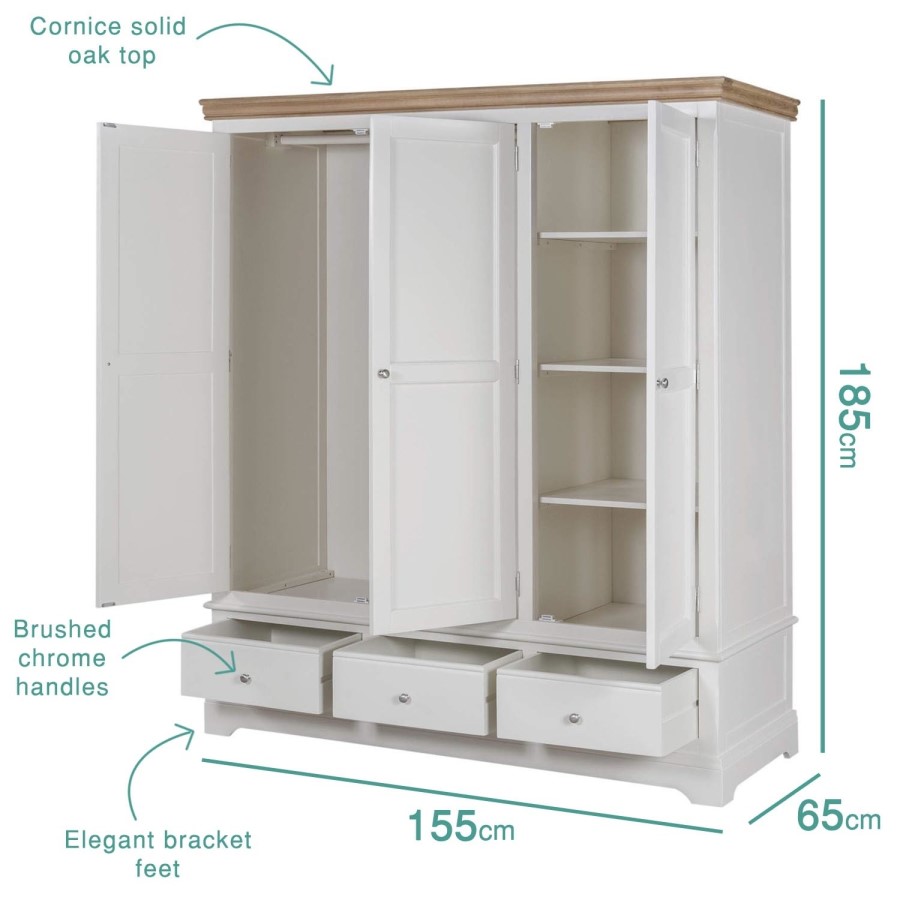 Charleston 3 Door 3 Drawer Wardrobe in Cream and Oak