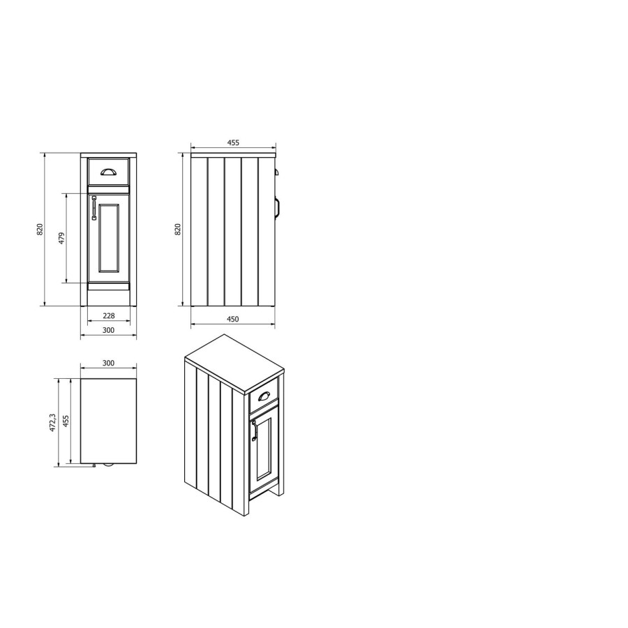 White Traditional Free Standing Bathroom Cabinet - W300 x H820mm