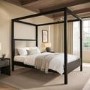 Double Four Poster Bed in Black with Linen Headboard - Charlotte