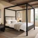 CHH001K King Size Four Poster Bed in Black with Linen Headboard - Charlotte