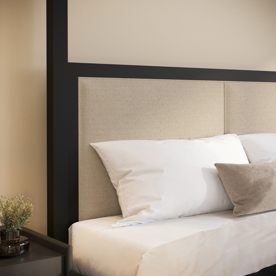 King Size Four Poster Bed in Black with Linen Headboard - Charlotte