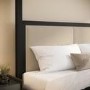 Super King Four Poster Bed in Black with Linen Headboard - Charlotte